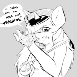 Size: 1200x1200 | Tagged: anthro, artist:cold-blooded-twilight, bdsm, clothes, cold blooded twilight, derpibooru import, dialogue, femdom, fingerless gloves, gloves, hat, monochrome, riding crop, safe, twidom, twilight sparkle