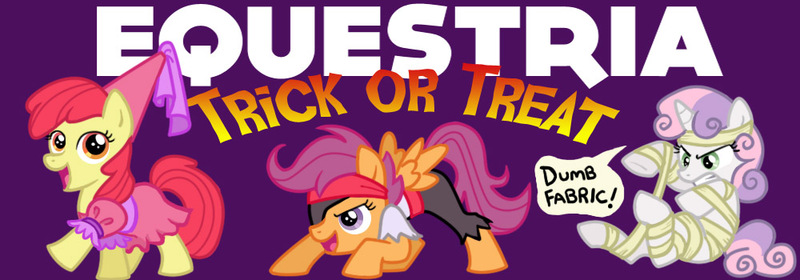 Size: 1000x350 | Tagged: apple bloom, artist:drchrissy, clothes, costume, cutie mark crusaders, derpibooru import, dumb fabric, halloween, mummy, pirate, princess, safe, scootaloo, sweetie belle