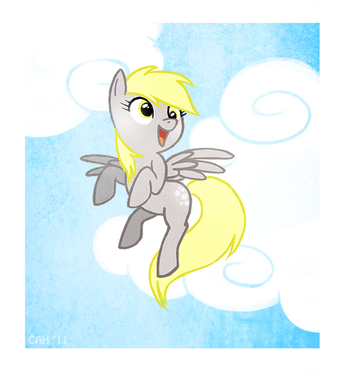 Size: 500x540 | Tagged: safe, artist:shiro, derpibooru import, ponibooru import, derpy hooves, pegasus, pony, cloud, flying, sky, smiling, solo