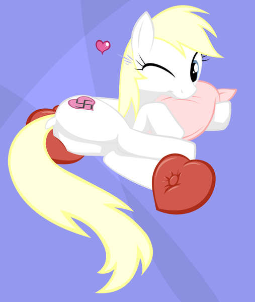 Size: 2534x3000 | Tagged: safe, artist:accu, artist:mysticalpha, derpibooru import, edit, oc, oc:aryanne, unofficial characters only, earth pony, pony, aryanbetes, bed, blonde, cute, dock, heart, hug, looking at you, nazi, pillow, plot, romantic, side, smiling, solo, swastika, wink