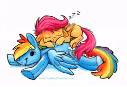 Size: 692x474 | Tagged: safe, artist:kenket, artist:spainfischer, derpibooru import, rainbow dash, scootaloo, pegasus, pony, cute, cutealoo, eyes closed, female, filly, floppy ears, mare, plushie, prone, simple background, sleeping, smiling, solo, traditional art, underhoof, white background, zzz