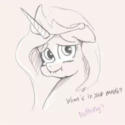 Size: 1350x1350 | Tagged: artist:ab, cute, cutelestia, derpibooru import, dialogue, full mouth, monochrome, pov, princess celestia, safe, scrunchy face, solo, source needed