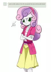 Size: 756x1054 | Tagged: safe, artist:twilite-sparkleplz, derpibooru import, sweetie belle, equestria girls, clothes, denied, disapproval, disapproving look, feet, foot fetish, no, request, solo, sweetie belle is not amused, unamused