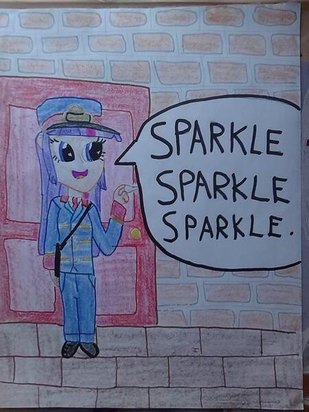 Size: 720x960 | Tagged: artist:justaviewer94, derpibooru import, human, humanized, mr. conductor, safe, thomas and the magic railroad, traditional art, twilight sparkle