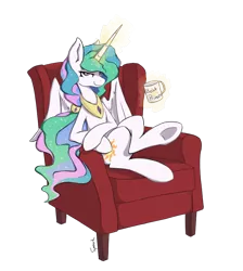 Size: 846x944 | Tagged: safe, artist:spaerk, derpibooru import, princess celestia, alicorn, pony, best pony, chair, coffee mug, crossed legs, female, glowing horn, leaning back, levitation, looking at you, magic, mare, mug, simple background, sitting, smug, solo, telekinesis, transparent background, underhoof