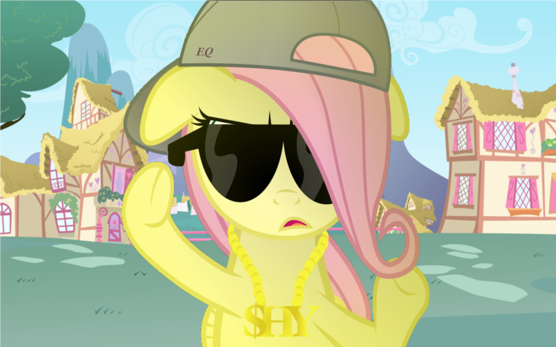 Size: 895x559 | Tagged: backwards ballcap, baseball cap, bling, cap, cute, derpibooru import, fluttershy, gangsta, hat, hug life, meme, ponyville, safe, solo, sunglasses