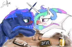 Size: 2000x1314 | Tagged: safe, artist:silfoe, derpibooru import, princess celestia, princess luna, alicorn, pony, lunadoodle, :p, alcohol, blushing, bottle, chalkboard, drunk, drunk luna, drunklestia, female, glass, mare, shot glass, tongue out