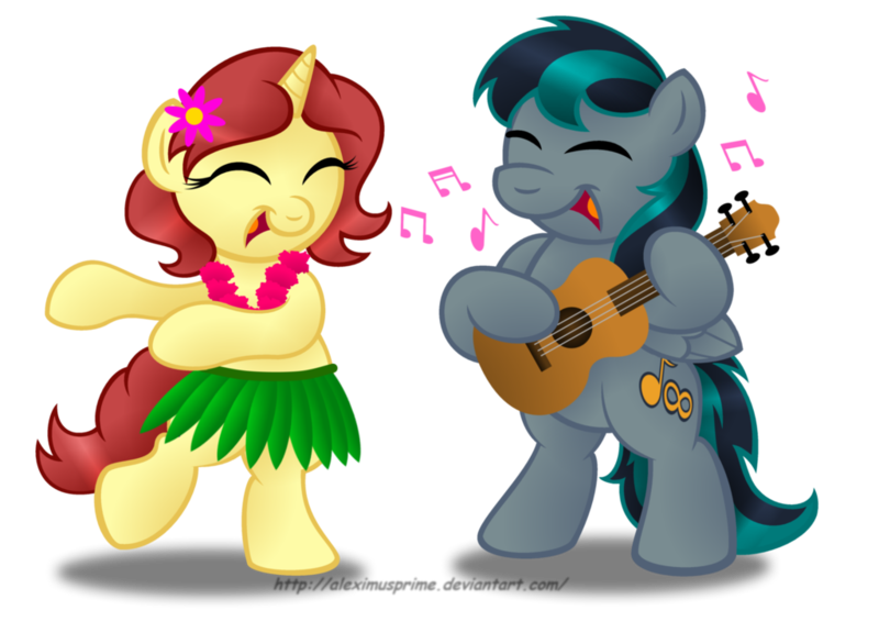 Size: 1024x725 | Tagged: artist:aleximusprime, blackgryph0n, clothes, commission, dancing, derpibooru import, eilemonty, eilexgryph, flower in hair, grass skirt, hawaiian flower in hair, hula, lei, music notes, oc, oc:blackgryph0n, oc:eilemonty, safe, simple background, skirt, transparent background, ukulele, unofficial characters only