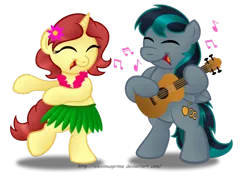 Size: 1024x725 | Tagged: artist:aleximusprime, blackgryph0n, clothes, commission, dancing, derpibooru import, eilemonty, eilexgryph, flower in hair, grass skirt, hawaiian flower in hair, hula, lei, music notes, oc, oc:blackgryph0n, oc:eilemonty, safe, simple background, skirt, transparent background, ukulele, unofficial characters only