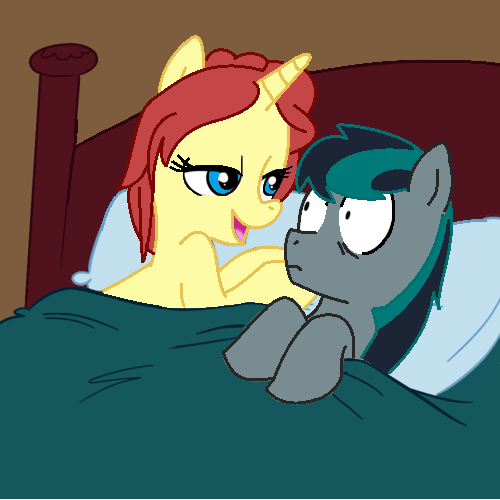 Size: 500x500 | Tagged: safe, artist:jcking101, artist:madmax, derpibooru import, edit, oc, oc:blackgryph0n, oc:eilemonty, unofficial characters only, pegasus, pony, unicorn, aftersex ponies, bed, bedroom eyes, blackgryph0n, eilemonty, eilexgryph, female, male, mare, morning after, pillow, ponysona, recolor, stallion, surprised, wide eyes