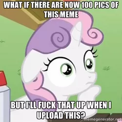 Size: 500x500 | Tagged: derpibooru, derpibooru import, exploitable meme, image macro, meme, meta, milestone, safe, solo, sudden clarity sweetie belle, sweetie belle