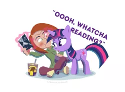 Size: 1000x733 | Tagged: artist:jon-wood, banana, blushing, blush sticker, book, chocolate, clothes, cute, derpibooru import, embarrassed, fifty shades of grey, funny, funny face, hoodie, human, ice cream, inconvenient twilight, magic, redhead, safe, socks, twilight sparkle