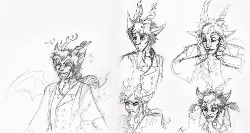 Size: 1024x544 | Tagged: anthro, artist:zabchan, derpibooru import, discord, eared humanization, expressions, eyebrows, horned humanization, human, human facial structure, humanized, laughing, monochrome, ponytail, safe, scene interpretation, scheming, sketch dump, solo, winged humanization