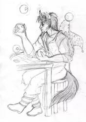 Size: 751x1065 | Tagged: artist:zabchan, discord, discord is star swirl, eared humanization, elements of harmony, horned humanization, human, humanized, medieval, monochrome, pencil drawing, safe, sketch, solo, star swirl the bearded, stool, tailed humanization, traditional art, wizard, younger