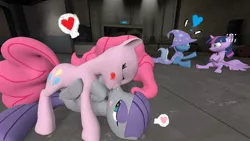 Size: 1024x576 | Tagged: suggestive, artist:kmg0047, derpibooru import, maud pie, pinkie pie, trixie, twilight sparkle, twilight sparkle (alicorn), alicorn, pony, 3d, blushing, female, incest, kissing, lesbian, mare, on back, piecest, pinkiemaud, shipping, source filmmaker, twixie