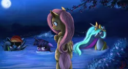 Size: 1200x650 | Tagged: safe, artist:miokomata, derpibooru import, fluttershy, princess celestia, rainbow dash, twilight sparkle, pony, bedroom eyes, bipedal, blushing, bubble, covering, fangs, floppy ears, frown, mare in the moon, moon, night, shy, skinny dipping, smiling, spread wings, sunglasses, swimming, unamused, watching, water, we don't normally wear clothes, wet mane, wingboner
