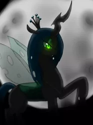 Size: 946x1262 | Tagged: artist:kevinshell12, artist:winterdominus, changeling, changeling queen, dead source, derpibooru import, female, moon, queen chrysalis, safe, smiling, solo