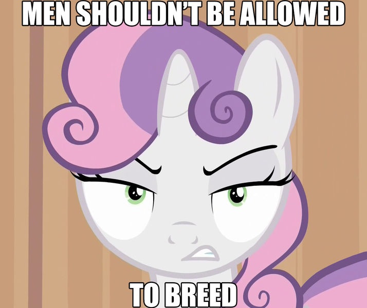 Size: 1250x1050 | Tagged: angry, breeding, feminism, idiot femanazi sweetie belle, image macro, meme, misandry, mouthpiece, patriarchy, questionable, solo, sweetie belle, sweetiedumb