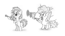 Size: 2000x1111 | Tagged: safe, artist:agamnentzar, derpibooru import, pinkie pie, vinyl scratch, pony, bipedal, filly, flugelhorn, monochrome, sketch, traditional art, violin