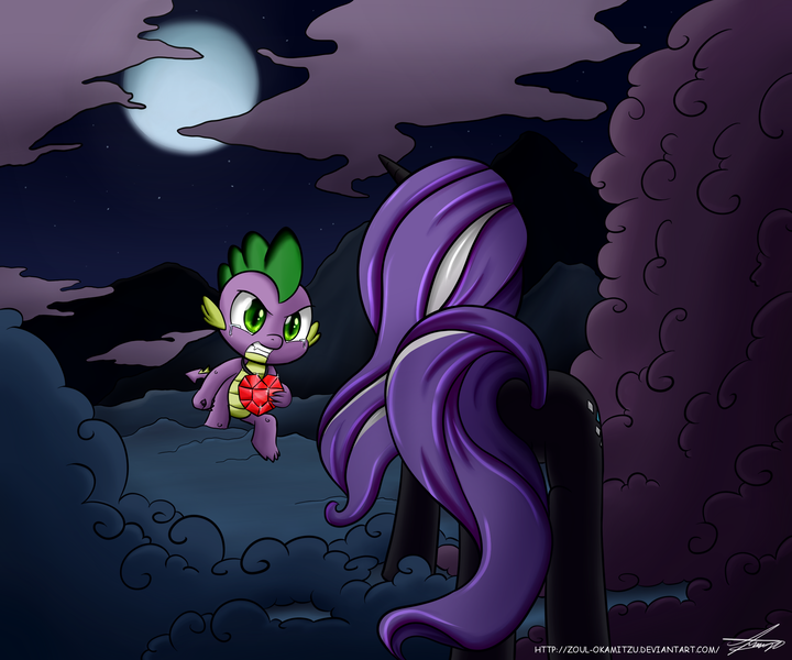Size: 2160x1800 | Tagged: safe, artist:zortail, derpibooru import, nightmare rarity, spike, female, fire ruby, fog, glare, gritted teeth, male, moon, night, nightmare sparity, plot, shipping, sparity, straight, sweat