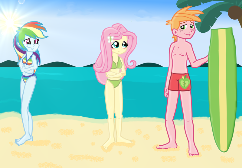 Size: 2000x1390 | Tagged: safe, artist:majkashinoda626, derpibooru import, big macintosh, fluttershy, rainbow dash, equestria girls, bare chest, barefoot, beach, belly button, bikini, blushing, cleavage, clothes, feet, female, fluttermac, male, shipping, stifling laughter, straight, surfboard, swimsuit, teasing, topless, wavy mouth