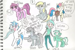 Size: 900x599 | Tagged: artist:emirichu, background six, berry punch, berryshine, bon bon, derpibooru import, derpy hooves, human, humanized, human ponidox, i didn't put those in my bag, lyra heartstrings, octavia melody, safe, sweetie drops, traditional art, vinyl scratch