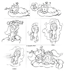 Size: 1150x1246 | Tagged: artist needed, cloud, colt, comic, cute, derpibooru import, eyes closed, filly, floppy ears, fluffy, frown, lunabetes, magic, monochrome, princess luna, prone, requested art, royal guard, safe, sleeping, smiling, source needed, teddy bear, telekinesis, wide eyes, woona, zzz