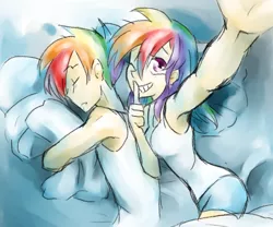 Size: 1272x1059 | Tagged: armpits, artist:annie-aya, bae caught me sleepin, bed, dashblitz, derpibooru import, drool, female, human, humanized, looking at you, male, one eye closed, pillow, rainbow blitz, rainbow dash, revenge, rule 63, safe, selfcest, selfie, self ponidox, shipping, sleeping, straight, wink