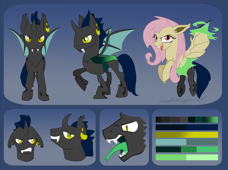 Size: 1200x896 | Tagged: safe, artist:touchofsnow, derpibooru import, fluttershy, oc, oc:star shriek, bat pony, changeling, hybrid, pony, earring, flutterbat, green tongue, male, piercing, tongue out