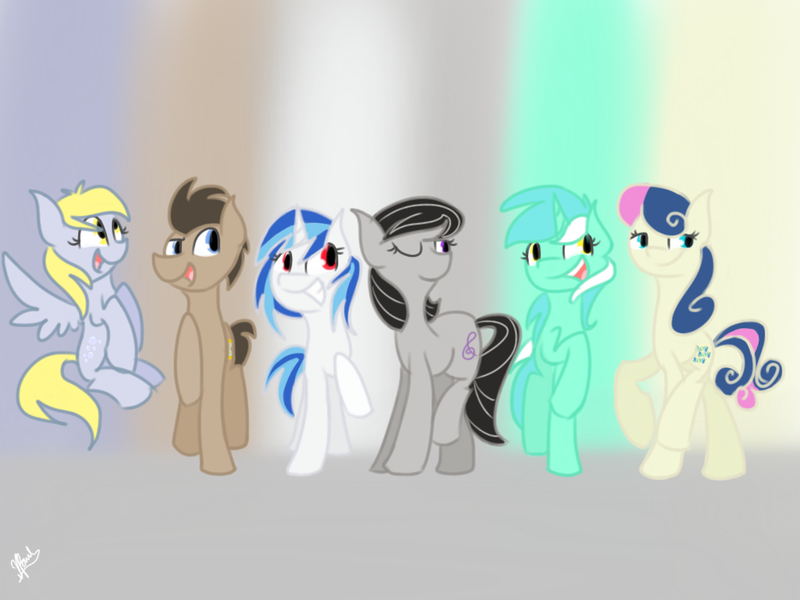 Size: 1024x768 | Tagged: safe, artist:leetle-pink-fudge, derpibooru import, bon bon, derpy hooves, doctor whooves, lyra heartstrings, octavia melody, sweetie drops, time turner, vinyl scratch, earth pony, pegasus, pony, unicorn, background six, female, male, mare, stallion