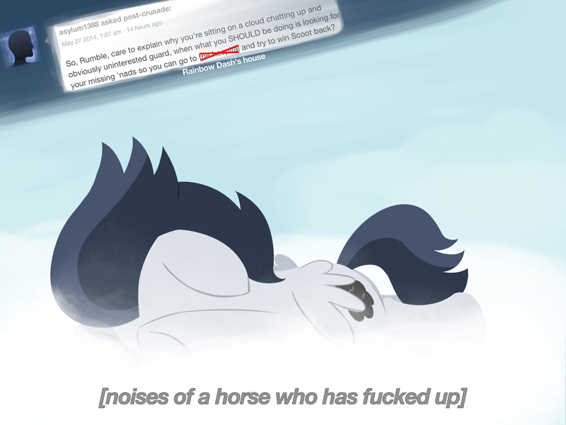 Size: 1280x960 | Tagged: safe, artist:dtcx97, derpibooru import, rumble, cloud, cloudy, colt, descriptive noise, faceplant, female, floppy ears, horse noises, male, meme, post-crusade, prone, rumbloo, shipping, solo, straight, tumblr, vulgar