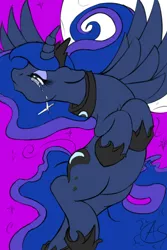 Size: 2500x3750 | Tagged: artist:aquaticsun, crying, derpibooru import, floppy ears, flying, frown, moon, night, princess luna, sad, safe, sky, solo, spread wings