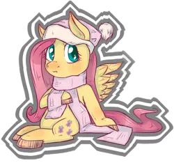 Size: 1024x959 | Tagged: safe, artist:kyaokay, derpibooru import, fluttershy, pegasus, pony, clothes, colored hooves, hat, looking at you, looking sideways, scarf, simple background, sitting, solo, spread wings, sticker, transparent background, wings