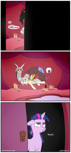 Size: 1000x2158 | Tagged: suggestive, artist:cobaltsnow, derpibooru import, discord, fluttershy, twilight sparkle, twilight sparkle (alicorn), alicorn, pony, bait and switch, candle, comic, discoshy, door, female, innuendo, male, mare, massage, no rule 34 here, not what it looks like, shipping, straight, swimming pool, twibitch sparkle