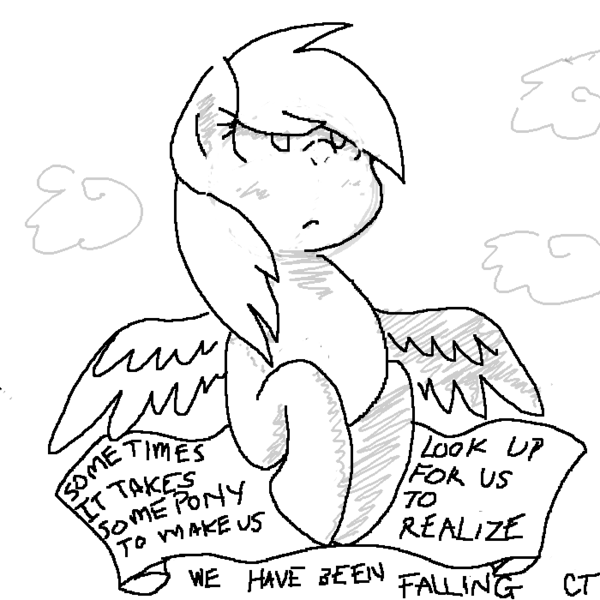 Size: 700x700 | Tagged: safe, artist:shinypikachu25, derpibooru import, derpy hooves, pegasus, pony, banner, cloud, cloudy, female, handwriting, looking up, mare, monochrome, mouthpiece, old banner, positive ponies, solo, wip