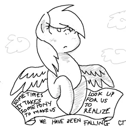 Size: 700x700 | Tagged: safe, artist:shinypikachu25, derpibooru import, derpy hooves, pegasus, pony, banner, cloud, cloudy, female, handwriting, looking up, mare, monochrome, mouthpiece, old banner, positive ponies, solo, wip