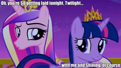 Size: 960x540 | Tagged: suggestive, derpibooru import, edit, edited screencap, screencap, princess cadance, twilight sparkle, twilight sparkle (alicorn), alicorn, pony, twilight's kingdom, caption, female, image macro, implied group sex, implied incest, implied infidelity, implied lesbian, implied sex, implied shiningsparkle, implied shipping, implied straight, implied threesome, implied twidance, mare, meme