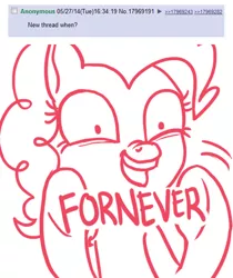 Size: 500x595 | Tagged: artist:mcponyponypony, derpibooru import, forever, fornever, /mlp/, monochrome, never, one word, pinkie pie, reply, safe, scrunchy face, solo, wat