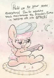 Size: 670x971 | Tagged: safe, artist:slightlyshade, derpibooru import, scootaloo, cute, cutealoo, fluffy, hat, hoof hold, moon, open mouth, playing, sitting, smiling, solo, space, toy, traditional art, train