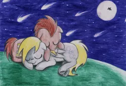 Size: 4023x2738 | Tagged: safe, artist:vickycupcake, derpibooru import, derpy hooves, doctor whooves, princess luna, time turner, pegasus, pony, doctorderpy, female, male, mare, shipping, sleeping, straight, traditional art