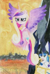 Size: 3254x4789 | Tagged: artist:vickycupcake, crossed hooves, derpibooru import, epic wife tossing, fastball special, frown, glare, princess cadance, safe, scene interpretation, shining armor, spread wings, traditional art, unamused