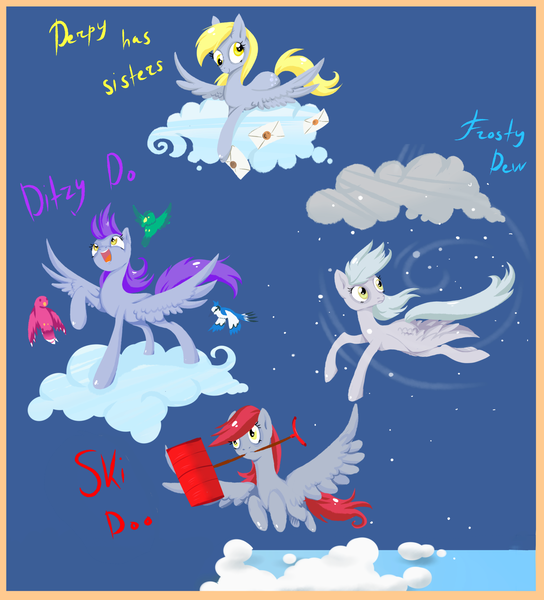 Size: 1779x1963 | Tagged: dead source, safe, artist:matrosha123, derpibooru import, derpy hooves, ditzy doo, flutter doo, frosty dew, ski doo, bird, blue jay, pegasus, pony, background pony, blue background, cloud, cloudy, cutie mark, female, flying, letter, lying down, lying on a cloud, mail, mare, mouth hold, on a cloud, open mouth, raised hoof, recolor, shovel, simple background, sisters, snow, standing, teeth