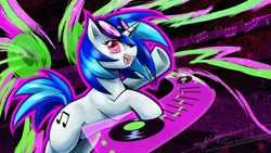 Size: 1600x900 | Tagged: artist:slifertheskydragon, derpibooru import, looking at you, open mouth, psychedelic, safe, solo, turntable, vinyl scratch, wallpaper