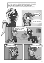 Size: 2471x3508 | Tagged: safe, artist:darksittich, derpibooru import, oc, oc:littlepip, oc:velvet remedy, unofficial characters only, pony, unicorn, fallout equestria, fanfic, black and white, clothes, comic, fanfic art, female, grayscale, horn, mare, monochrome, pipbuck, stable, stable 2, vault suit