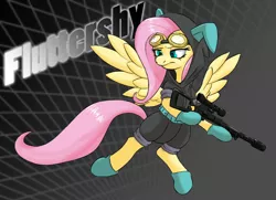 Size: 1269x920 | Tagged: safe, artist:darksittich, derpibooru import, fluttershy, pegasus, pony, abstract background, bunny ears, clothes, dangerous mission outfit, female, flutterbadass, flying, goggles, gun, hoodie, hooves, mare, optical sight, rifle, sniper, sniper rifle, solo, spread wings, text, weapon, wings