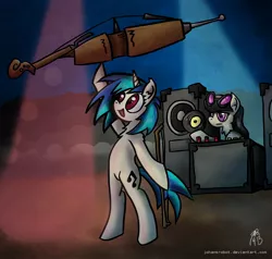 Size: 1600x1524 | Tagged: accessory swap, artist:jorobro, bipedal, cello, derpibooru import, musical instrument, octavia melody, record, role reversal, safe, smiling, speakers, vinyl scratch