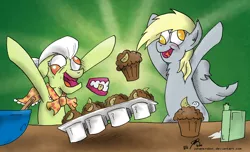 Size: 1050x639 | Tagged: safe, artist:jorobro, derpibooru import, derpy hooves, granny smith, pegasus, pony, apple muffin, derp, false teeth, female, gold tooth, mare, muffin