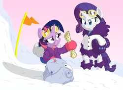 Size: 1920x1400 | Tagged: safe, artist:dfectivedvice, artist:xhazxmatx, derpibooru import, rarity, twilight sparkle, pony, backpack, bipedal, clothes, colored, flag, goggles, map, mountain climbing, snow, winter outfit