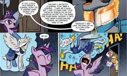 Size: 1400x844 | Tagged: safe, derpibooru import, idw, applejack, king sombra, rarity, star swirl the bearded, twilight sparkle, twilight sparkle (alicorn), alicorn, pony, spoiler:comic, spoiler:comic19, alicornified, female, good king sombra, laughing, mare, princess star swirl, star swirlicorn, thought bubble