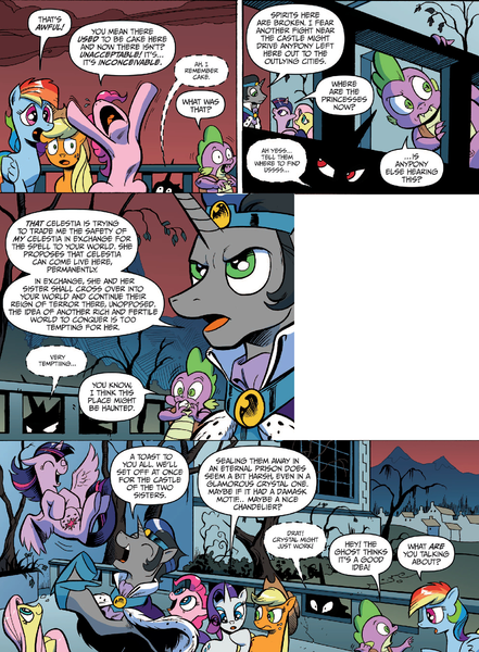 Size: 1398x1902 | Tagged: safe, derpibooru import, idw, applejack, fluttershy, king sombra, pinkie pie, rainbow dash, rarity, spike, twilight sparkle, twilight sparkle (alicorn), alicorn, pony, spoiler:comic, spoiler:comic19, evil luna, eyes closed, female, flying, frown, good king sombra, gritted teeth, laughing, looking up, mare, open mouth, raised eyebrow, shadow, shivering, smiling, spread wings, wide eyes